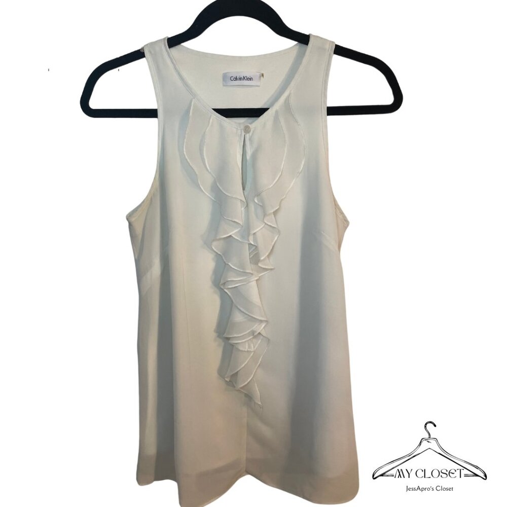 Calvin Klien White Ruffle Sleeveless Top Size Small